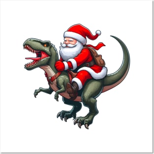 Santa Claus rides a Trex Posters and Art